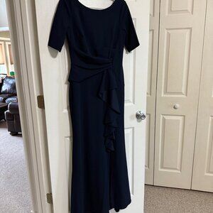 Betsy & Adam Women's Cascading-Ruffle Boat Neck Sheath Gown - Navy - Size 8